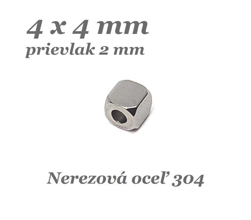 Korálka kocka 4x4mm, prievlak 2mm - nerez. oceľ 304